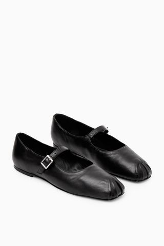 Pleated Leather Mary-Jane Ballet Flats