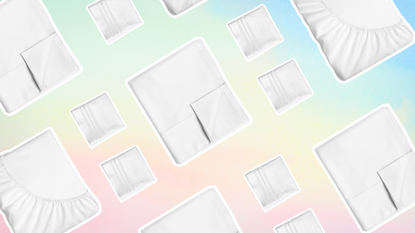 White folded sheets repeating on rainbow backgound
