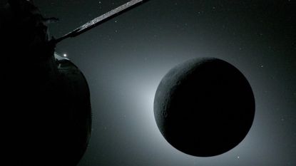 A dark sphere is seen with a glowing light behind it in space.