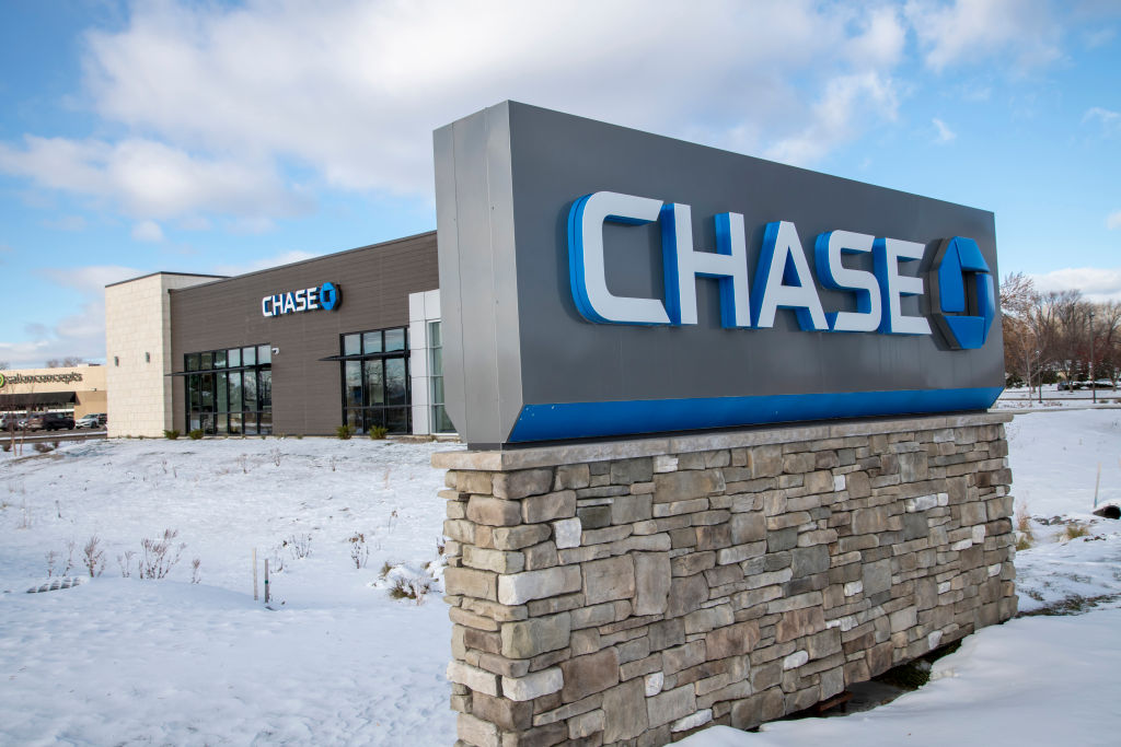 A Chase Bank location in Blaine, Minnesota, on a snowy day.