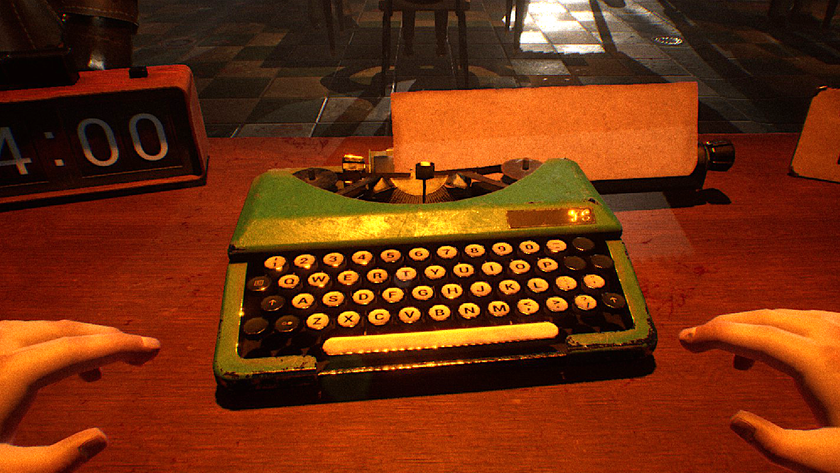 Two nervous hands look at a typewriter in Final Sentence, a typing battle royale game.