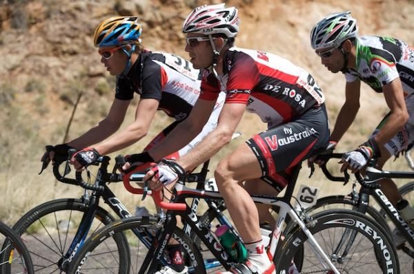 Tom Danielson (DZ Nuts), Ben Day (Fly V Australia) and Cesar Grajales (Ouch - Bahati) near the front of the pack after the feed zone.