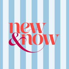 Blue striped background with red writing