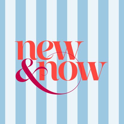 Blue striped background with red writing