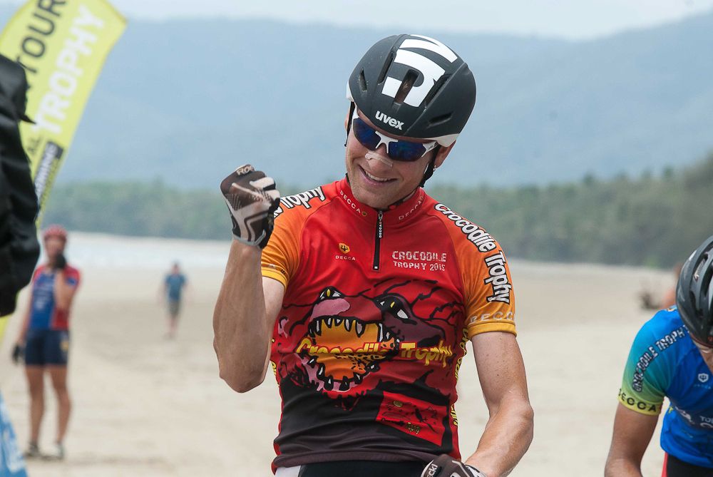 Urs Huber (SUI) victorious across the line at Port Douglas.