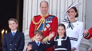 Prince George of Wales, Prince William, Prince of Wales, Prince Louis of Wales, Princess Charlotte of Wales and Catherine, Princess of Wales on the balcony of Buckingham Palace during Trooping the Colour on June 15, 2024