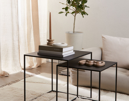 A living room with black square nesting coffee tables in front of a cream linen sofa