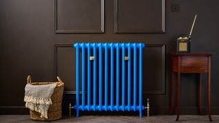 bright blue column radiator against wall painted brown with panelling details