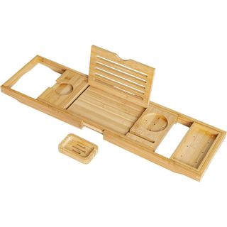 wooden bathtub caddy with storage slots