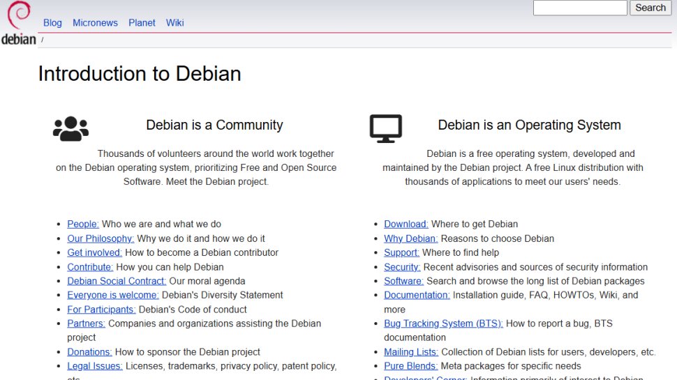 Website screenshot of Debian (August, 2025)