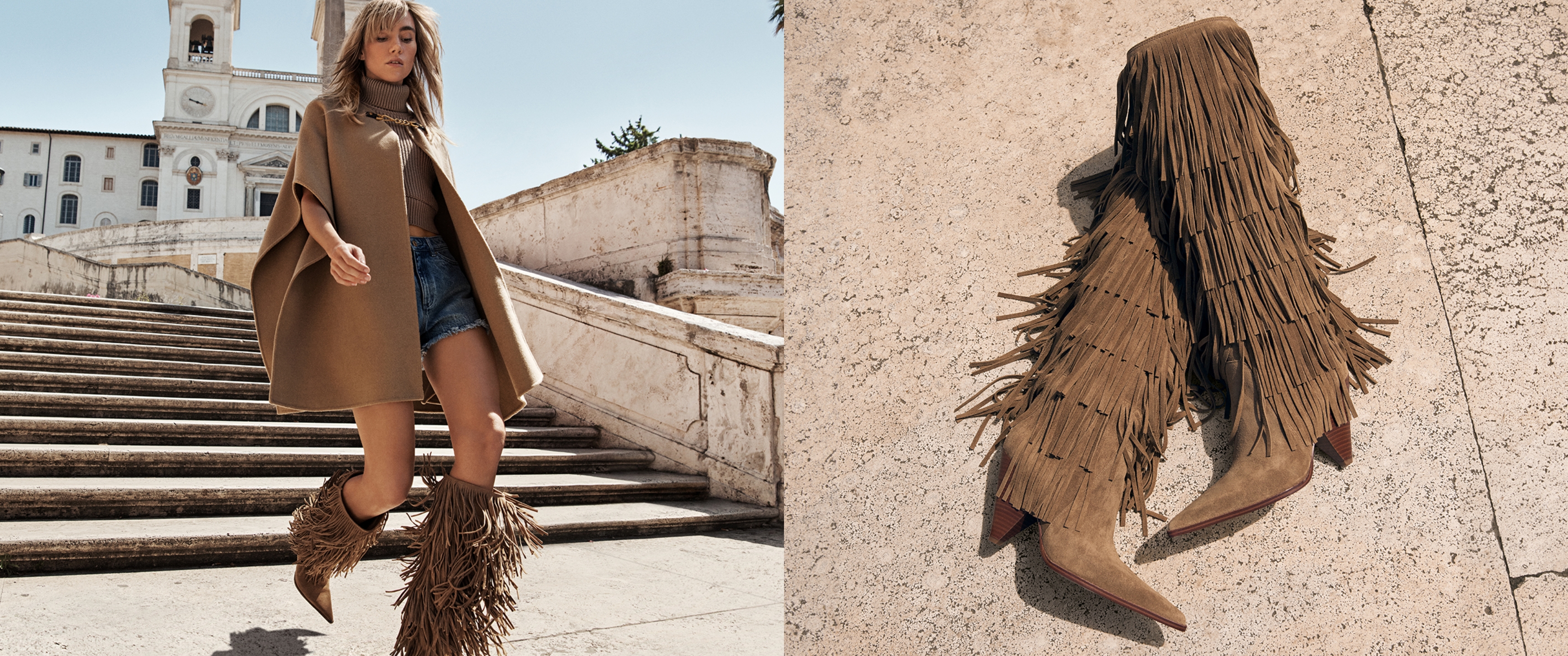 Two images, one of a model walking down steps wearing a beige cape, denim shorts and light brown suede fringe knee high boots sold at Michael Kors and a close up of the boots
