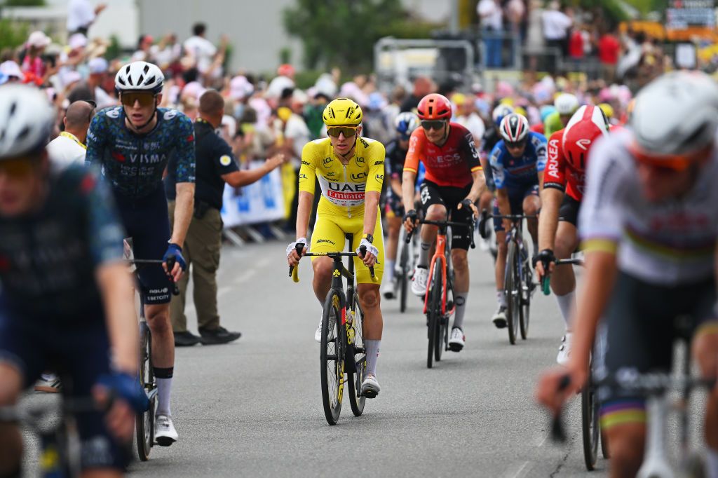 SAINTAMANDMONTROND FRANCE JULY 09 Tadej Pogacar of Slovenia and UAE Team Emirates Yellow Leader Jersey crosses the finish line during the 111th Tour de France 2024 Stage 10 a 1873km stage from Orleans to SaintAmandMontrond UCIWT on July 09 2024 in Orleans France Photo by Dario BelingheriGetty Images