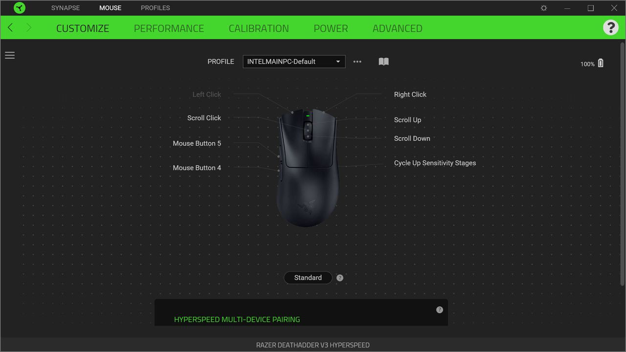 Screenshots of Razer's Synapse application, showing the configuration options for the DeathAdder V3 HyperSpeed