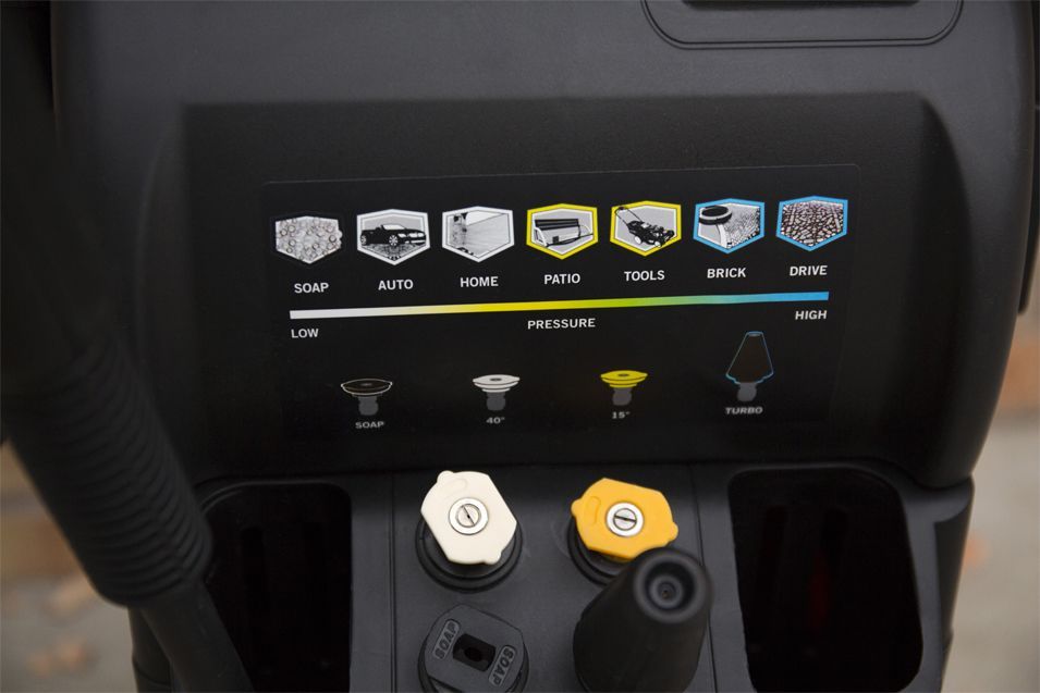 The nozzle storage area on the Craftsman CM1800 shows recommended uses for each nozzle.