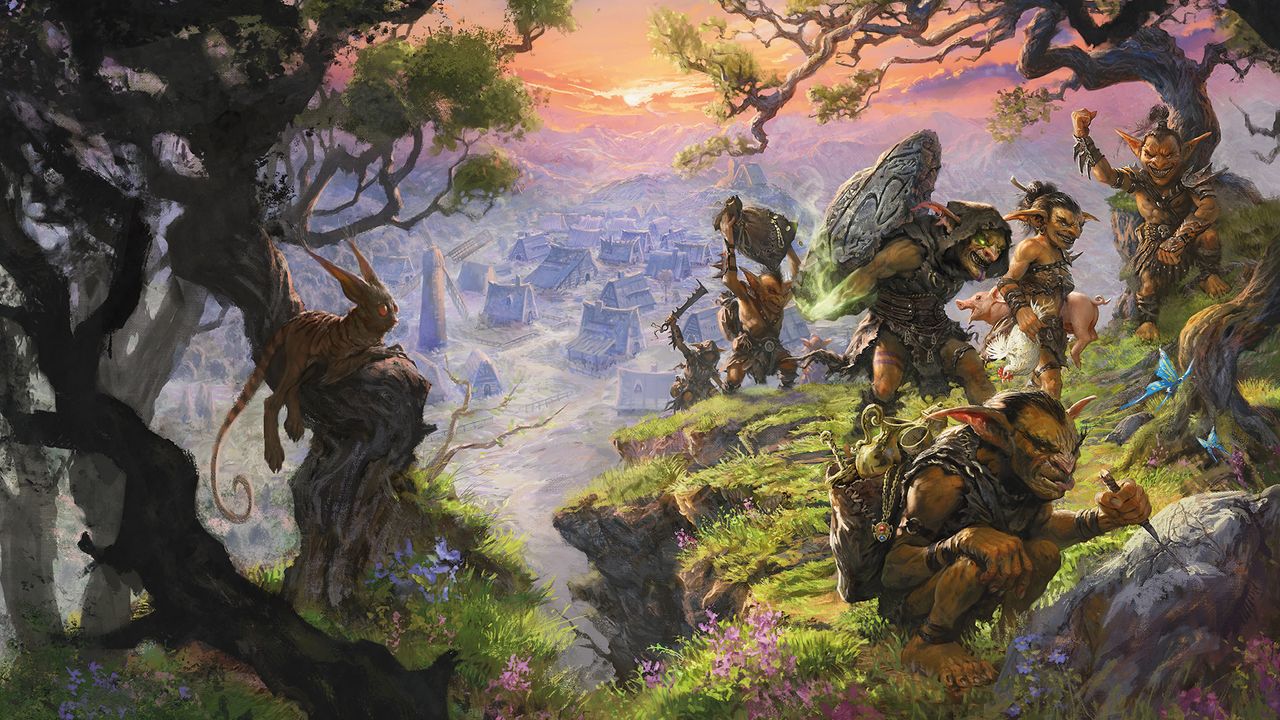 Goblins cause chaos above a sleepy village in artwork from Phandelver and Below: The Shattered Obelisk