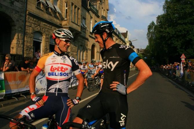 Greg Henderson (Lotto Belisol) and Mat Hayman (Sky) chat before the Tour de Neuss