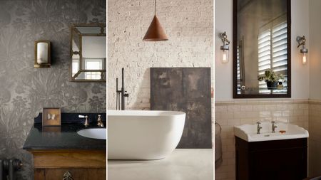 Industrial small bathroom ideas are so chic. Here are three of these - a bathroom with gray leafy wallpaper and a black sink, a bathroom with white exposed bricks and a white bath tub, and a black bathroom sink with a black mirror and silver wall sconces