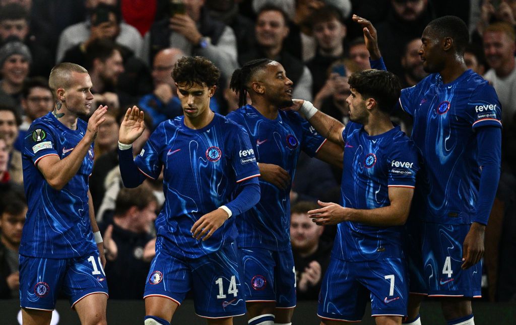 Christopher Nkunku (C) of Chelsea celebrate with Mykhailo Mudryk (L), Joao Felix(2nd L), Pedro Neto (2nd R), Tosin Adarabioyo (R) after scoring the third goal of their team during the UEFA Conference League 2024/25 League Phase MD1 match between Chelsea FC and KAA Gent at Stamford Bridge on October 3, 2024 in London, England.