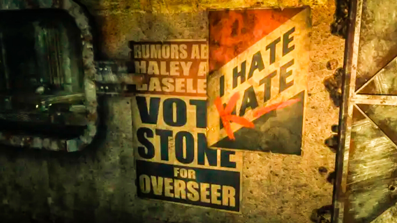 Vault 11's propaganda posters reading "I hate Kate" and "Rumors about Haley are baseless, vote Stone for Overseer"