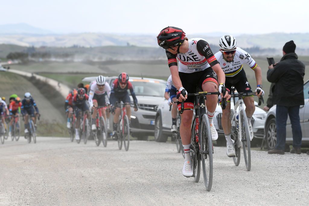 SIENA ITALY MARCH 05 Tadej Pogacar of Slovenia and UAE Team Emirates attacks during the Eroica 16th Strade Bianche 2022 Mens Elite a 184km one day race from Siena to Siena Piazza del Campo 321m StradeBianche WorldTour on March 05 2022 in Siena Italy Photo by Tim de WaeleGetty Images
