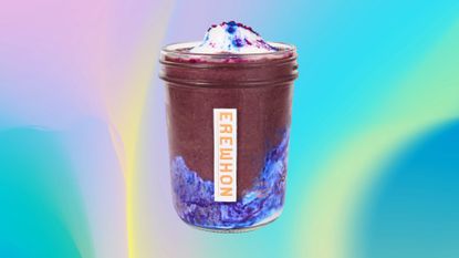 The Erewhon KORA Glow smoothie on a pastel purple, blue and green abstract template