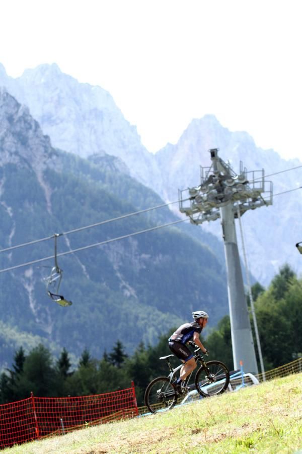 A mountain biker races in Slovenia