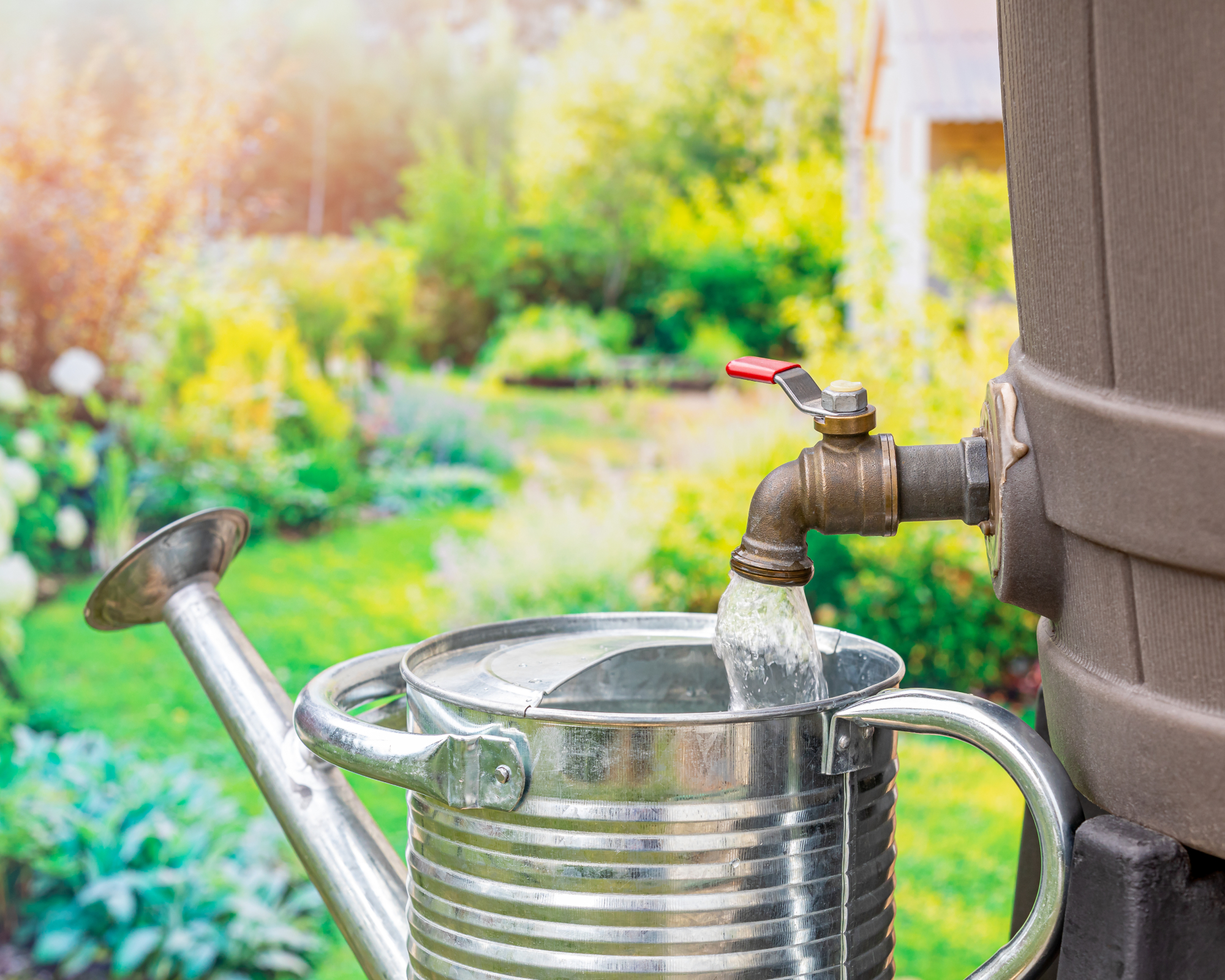 galvanised watering can collecting rain water harvested in rain barrel