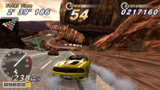 Driving through the canyon track in OutRun 2006: Coast 2 Coast