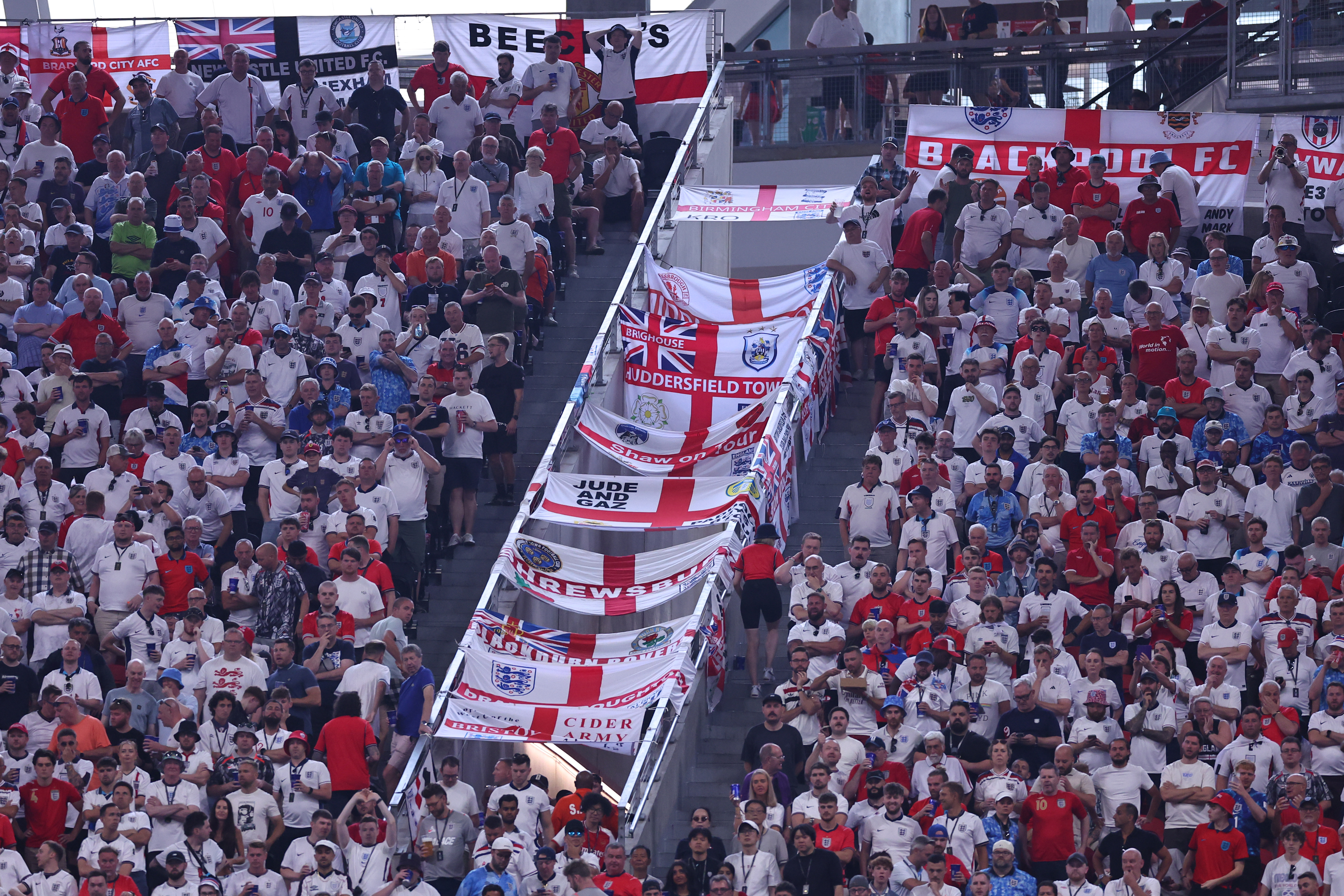 ATLANTA, GEORGIA - JULY 01: England fans look on during the FIFA World Cup 2026 Round Of 32 match between England and Congo DR at Atlanta Stadium on July 01, 2026 in Atlanta, Georgia. (Photo by Robbie Jay Barratt - AMA/Getty Images)