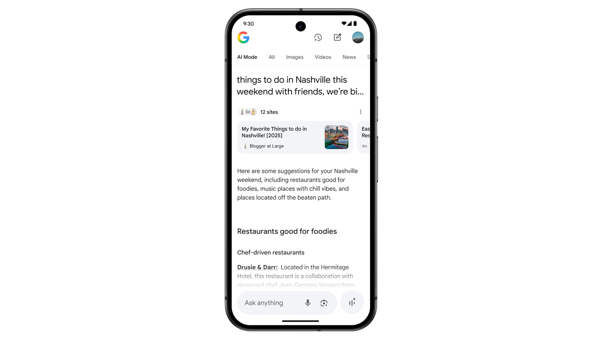 Google Search AI Mode planning a trip to Nashville