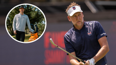 Ian Poulter lines up a shot, with Justin Rose posing with a McLaren golf bag