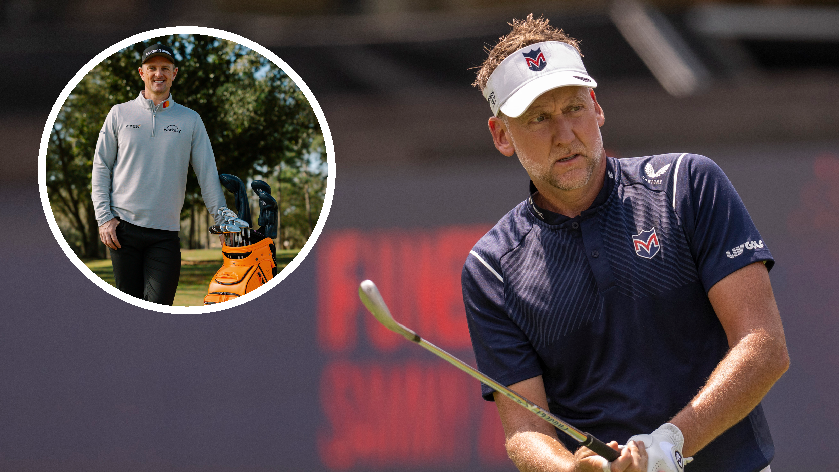 Ian Poulter lines up a shot, with Justin Rose posing with a McLaren golf bag