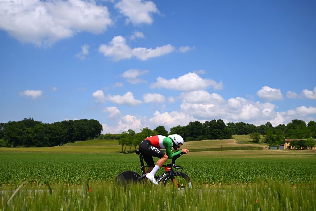 DESENZANO DEL GARDA ITALY MAY 18 Filippo Ganna of Italy and Team INEOS Grenadiers sprints during the 107th Giro dItalia 2024 Stage 14 a 312km individual time trial stage from Castiglione delle Stiviere to Desenzano del Garda UCIWT on May 18 2024 in Desenzano del Garda Italy Photo by Tim de WaeleGetty Images