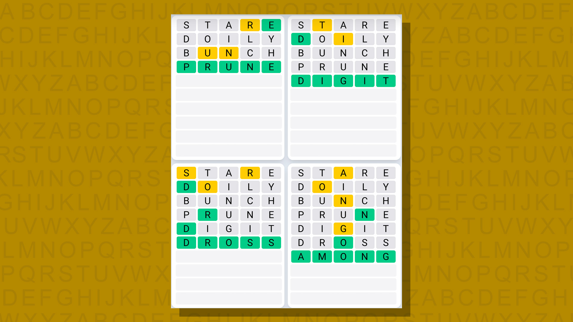 Ежедневная последовательность ответов Quordle для игры 699 на желтом фоне