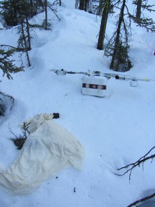 A close-up of a fallen balloon and payload recovered by the Project Aether: Aurora team on April 11, 2012.