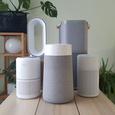 A selection of five air purifiers of various sizes on a wooden table in a room with pale green walls and indoor plants on shelves