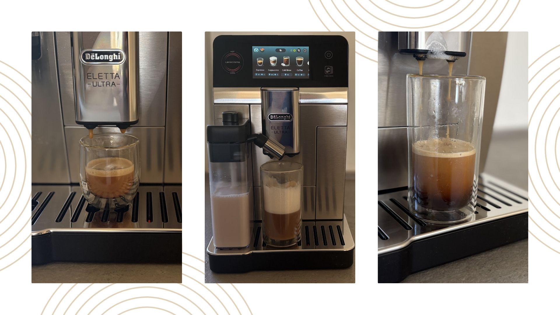 De'Longhi Eletta Ultra Coffee Machine making three different types of coffee