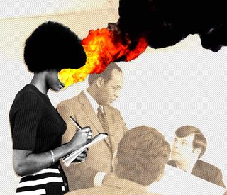 A digital collage of a Black woman in a conference room with men, smoke and fire is coming from her face.