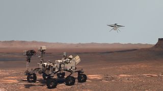 3D rendering of the Perseverance rover and Ingenuity helicopter explore Mars against the backdrop of a real Martian landscape