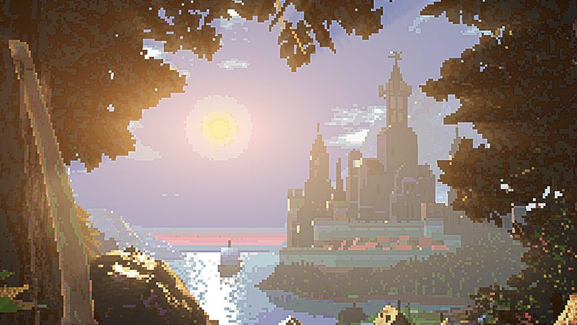 View of gorgeous sunset over bay and medieval castle but pixellated