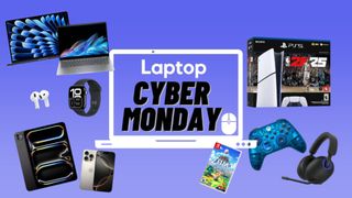 Cyber Monday deals with a M3 MacBook Air, HP laptop, iPad Pro, iPhone 16, AirPods, NBA 2K25 PS5 bundle, Xbox controller, The Legend of Zelda: Echoes of Wisdom Nintendo Switch game, and Sony gaming headset against a blue gradient background