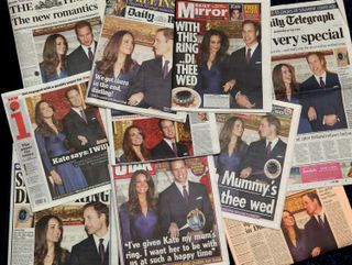 A pile of newspapers with Kate Middleton and Prince William's face on them