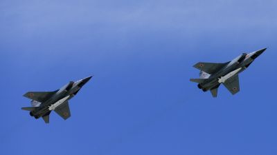 Mikoyan MiG-31K fighter jets with Kinzhal hypersonic missiles fly over Moscow's Red Square during the Victory Day military parade in Moscow, Russia, on May 09, 2018. Russia has claimed it used these missiles for the first time in combat with Ukraine.