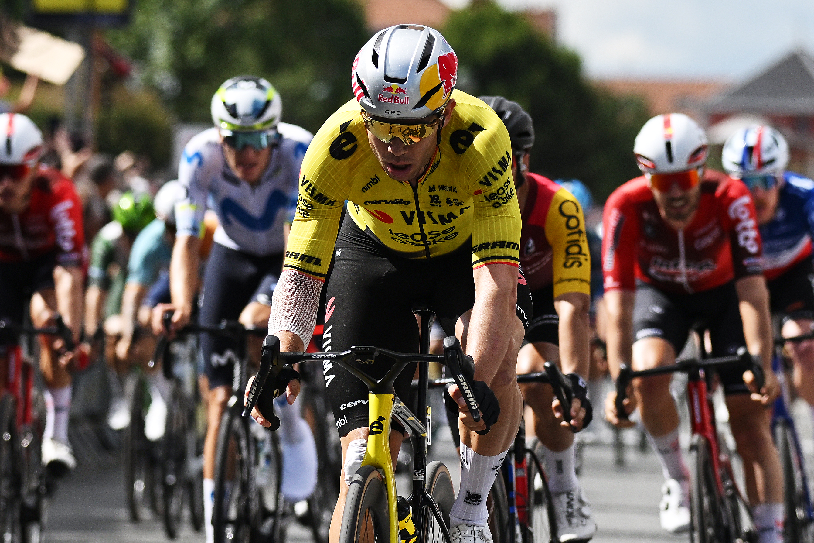 MONTROND-LES-BAINS, FRANCE - JUNE 10: Wout van Aert of Belgium and Team Visma | Lease a Bike crosses the finish line during the 78th Tour Auvergne-Rhone-Alpes 2026, Stage 4 a 167.4km stage from Le Puy-en-Velay to Montrond-les-Bains / #UCIWT / on June 10, 2026 in Montrond-les-Bains, France. (Photo by Dario Belingheri/Getty Images)