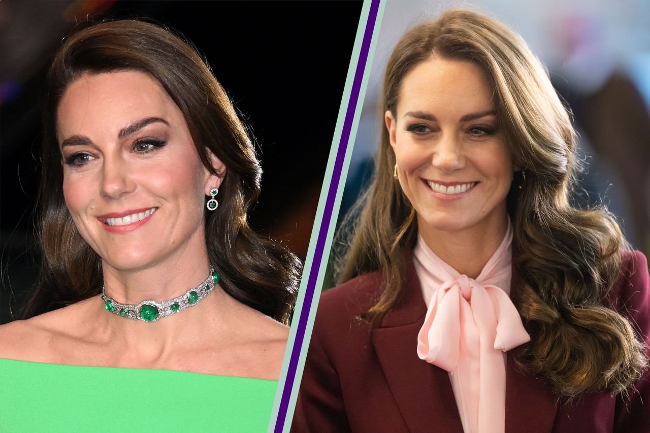 Kate Middleton&#039;s &#039;glamorous&#039; new hair: Kate Middleton pictured on the left with her hair down and wearing a green dress, side by side with another picture of Kate (on the right), wearing a red coat with her hair in curls while visiting the coastal city of Boston 2022