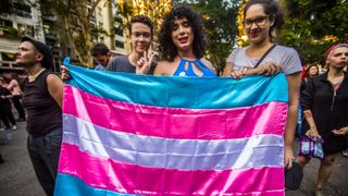Activists of the Lesbian, Gay, Bisexual, Transgender, Transvestite, Transgender and Intersex (LGBTTTI) community participates in a march against homophobia on June 1, 2018 in São Paulo