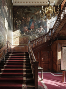 Fig 4: William Hogarth’s staircase, painted with scenes of the Good Samaritan (left) and Christ at the Pool of Bethesda (right). St Bartholomew’s, Smithfield, London. ©Will Pryce for Country Life