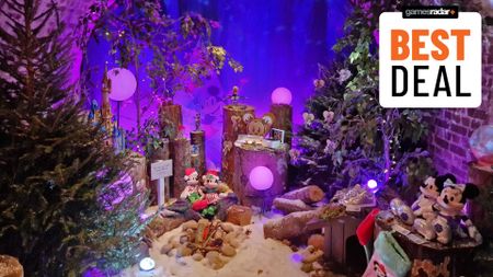 An array of Disney toys, set up in a Christmas scene