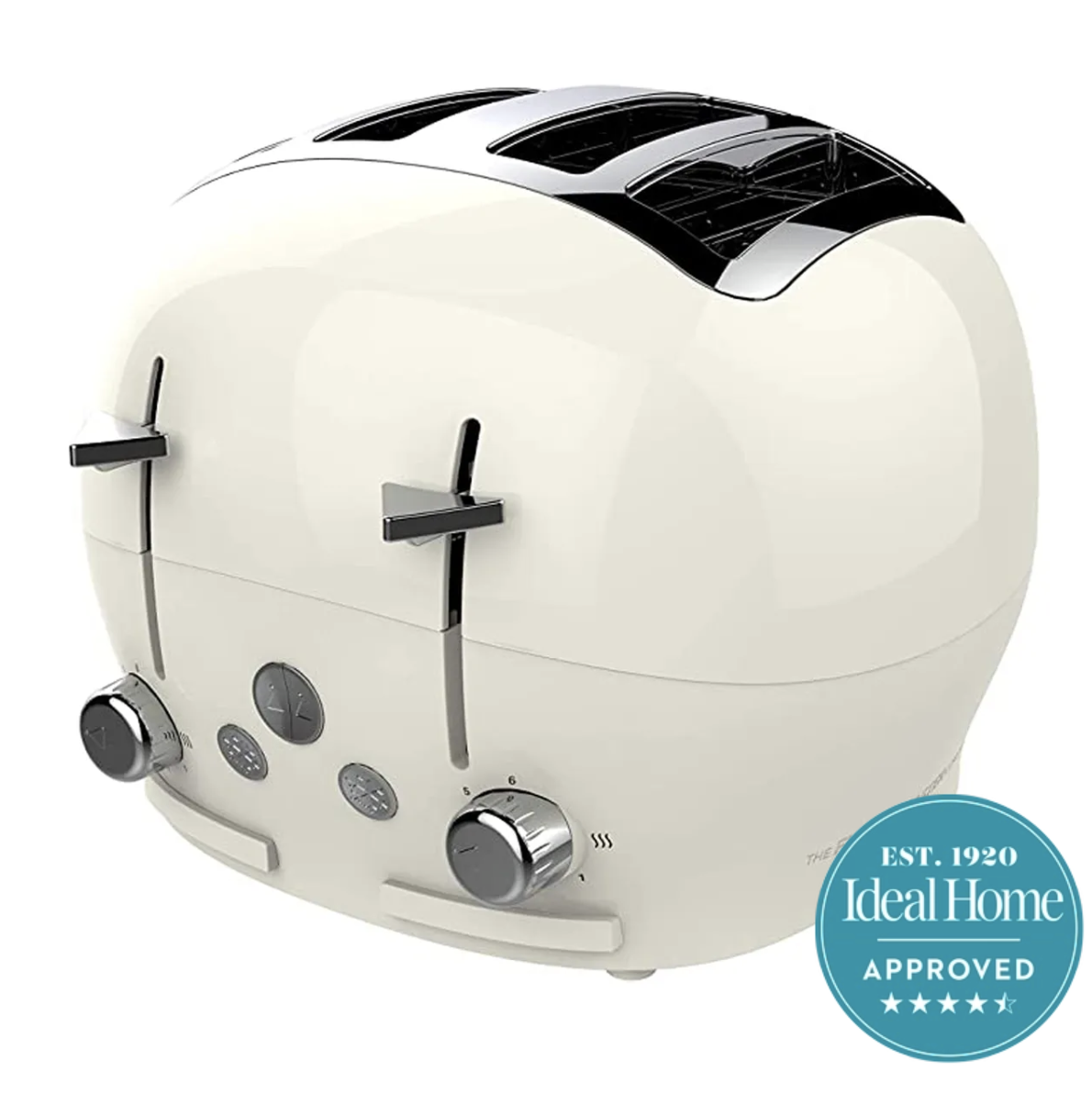Funky Toaster on a white background with a 4.5 star Ideal Home approved badge