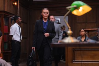 Vardy v Rooney: A Courtroom Drama, actress Chanel Cresswell walking through courtroom